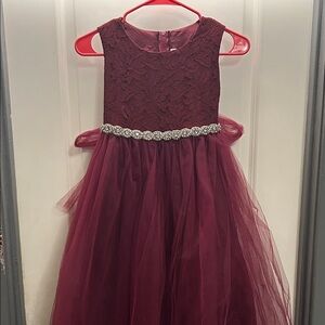 Girls' Burgundy Lace & Tulle Formal Dress with Jeweled Waist